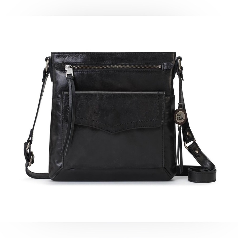 The Sak Black Leather Crossbody with Front Pocket & Tassel Charm
